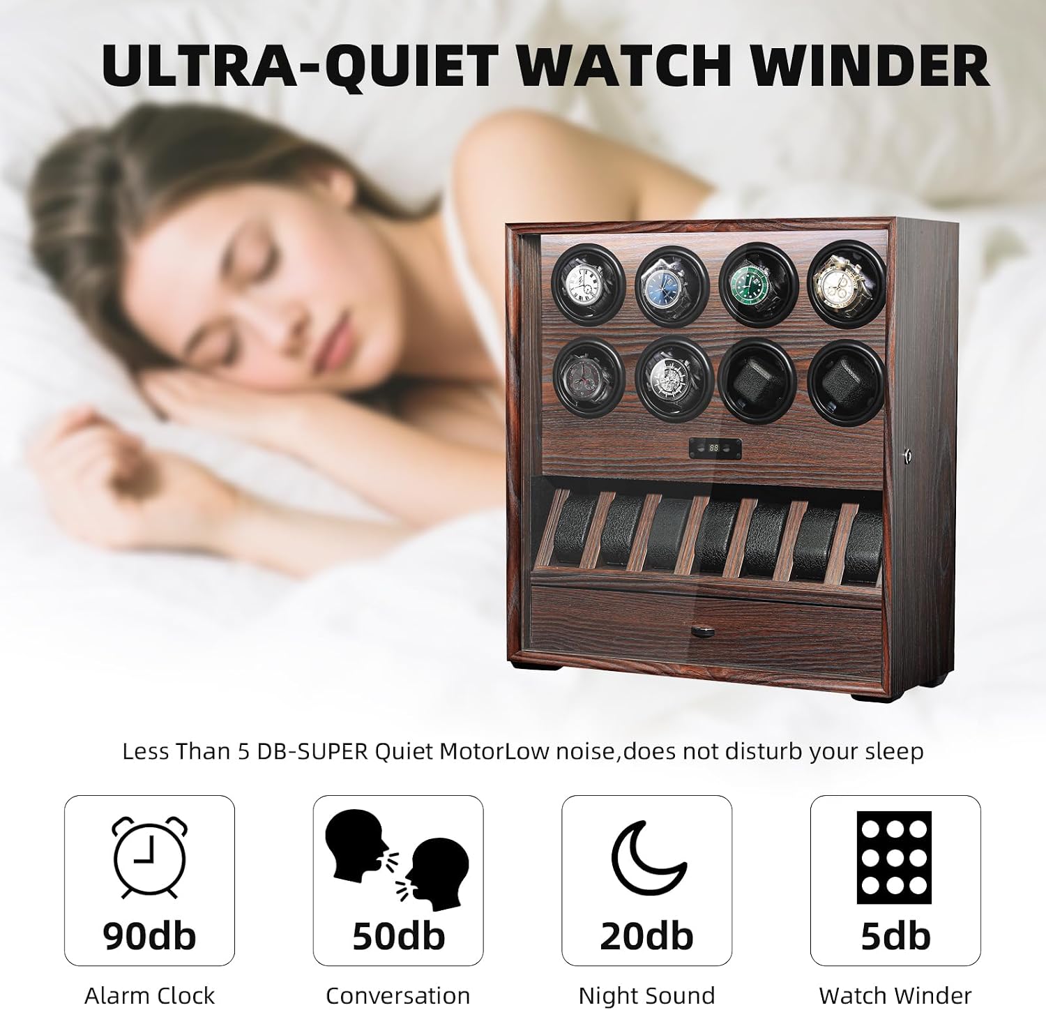Watch Winder for 4/8 Automatic Watches, Watch Rotator for Rolex 15 Rotation Modes Box with LED Light, Watches Winder Case with Extra Watches Holders and Jewelry Storage Present for Men Quiet Mabuchi Motor