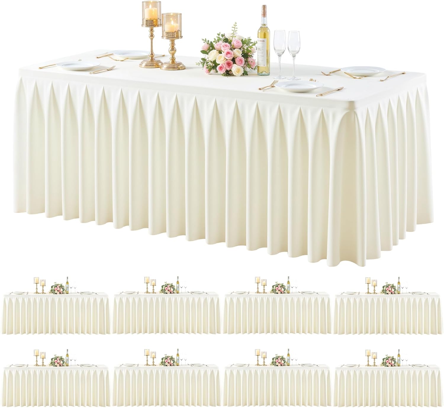gogoparti Table Skirts for Rectangle Tables 6ft, 8 Pack Ivory Table Covers for 6 Foot Tables Wrinkle Free Stretch Table Cloths with Pleated Skirt Fabric for Banquet, Party, Wedding
