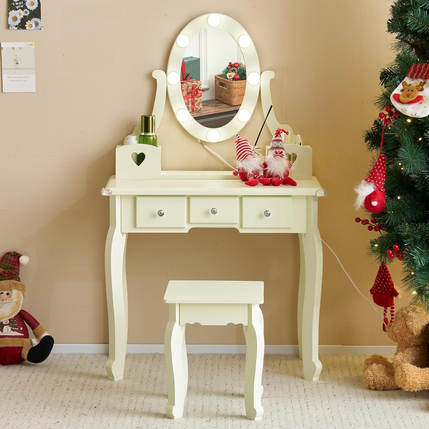 Karl home Kids Vanity Table and Chair Set, Princess MDF Dressing Table with 3-Color LED Lighted Mirror and 3 Drawers, Lovely Waved Design for Toddler's Bedroom and Playroom Decor, Macaroon Yellow