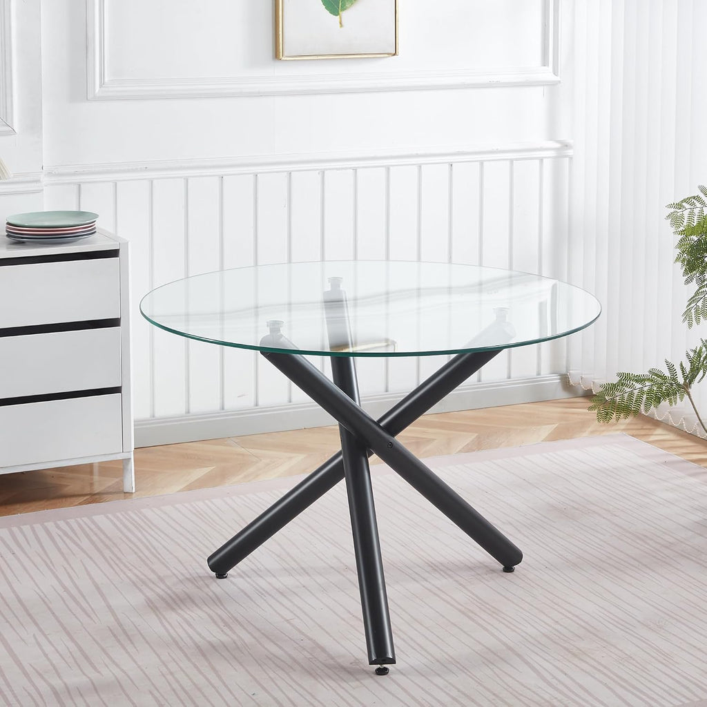 Round Glass Dining Table,Glass Dining Room Table with Metal Legs, Modern Glass Kitchen Table for Home, Kitchen, Dining Room