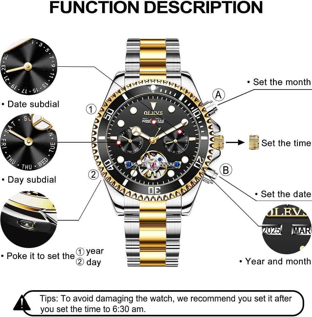 OLEVS Men's Stainless Steel Chronograph Watch, Big Face Gold Silver Black Tone Easy to Read Analog Quartz Watch, Luxury Waterproof Date Diamond Roman Arabic Numerals Dial Dress Watch for Men