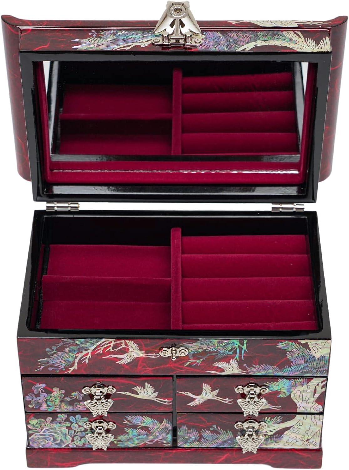February Mountain Mother of Pearl Wooden Jewelry Organizer Box – Jewelry Storage Box for Women, Features Spacious Drawers, Ideal for Rings, Bracelets, Watches, Chains, Accessories (Crane_Red)