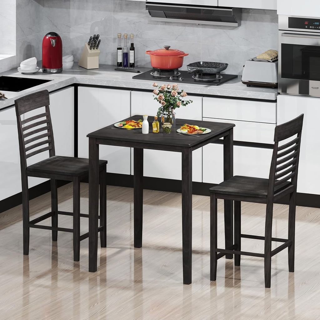 Giantex 3-Piece Dining Table Set for 2, Counter-Height Square Kitchen Table and Chairs Set with Rubber Wood Frame, Curved Back, Footrest, Bar Table Set for Small Place Dinette Breakfast Nook