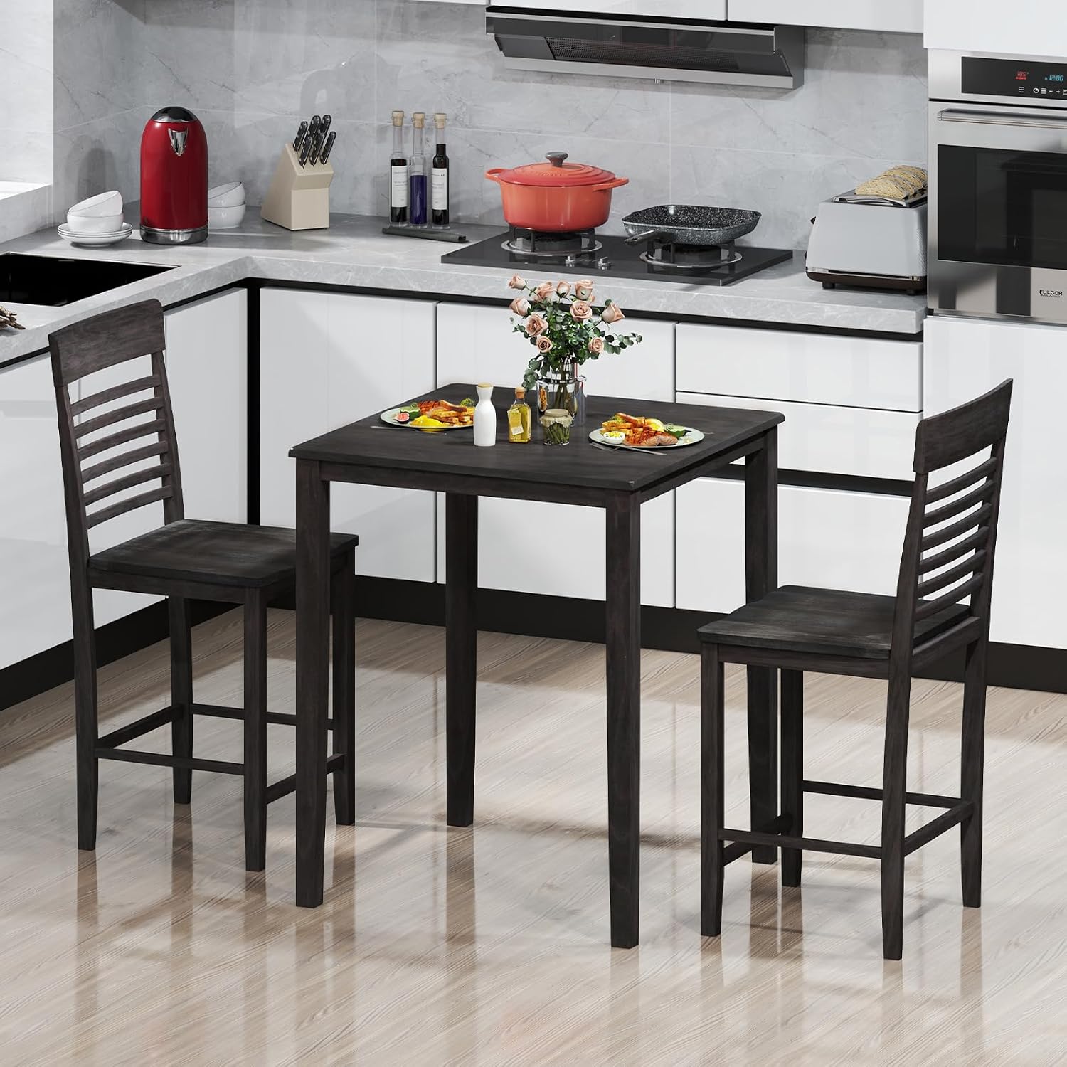 Giantex 3-Piece Dining Table Set for 2, Counter-Height Square Kitchen Table and Chairs Set with Rubber Wood Frame, Curved Back, Footrest, Bar Table Set for Small Place Dinette Breakfast Nook