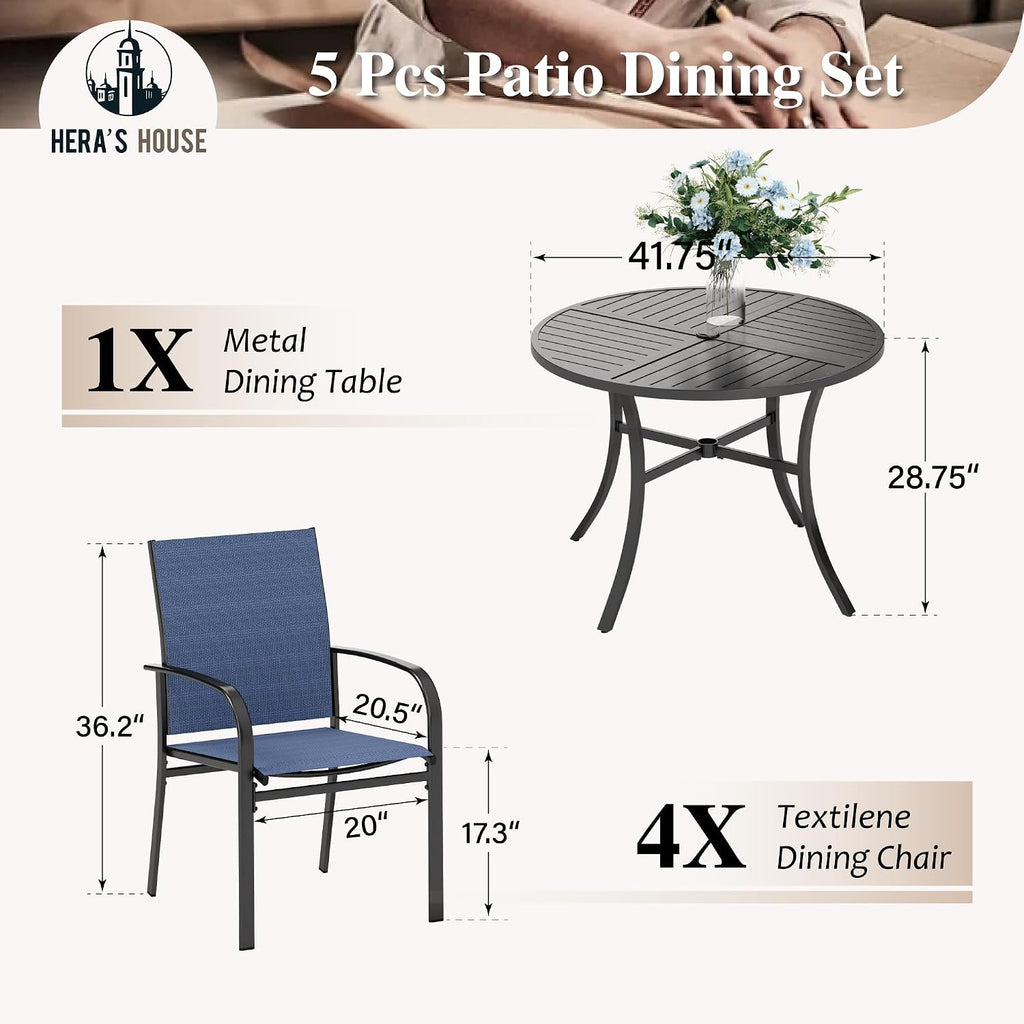 HERA'S HOUSE 5 Pieces Patio Table and Chairs Set, Outdoor Dining Furniture for 4, 42' Black Metal Round Dining Table with Umbrella Hole, 4 x Blue Textilene Chairs for Lawn Garden Backyard Deck