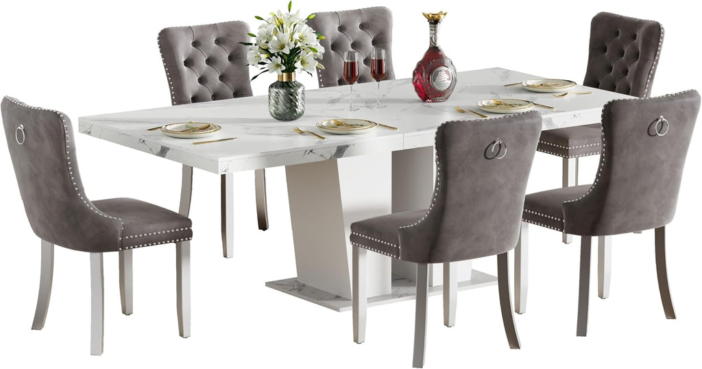 Henf 7 Pieces Faux Marble Dining Table Set for 6, 63'-79' Extendable Dining Room Table and 6 Grey Tufted Chairs Set for 6, Modern Large Expandable Kitchen Table with White Double Columns Base
