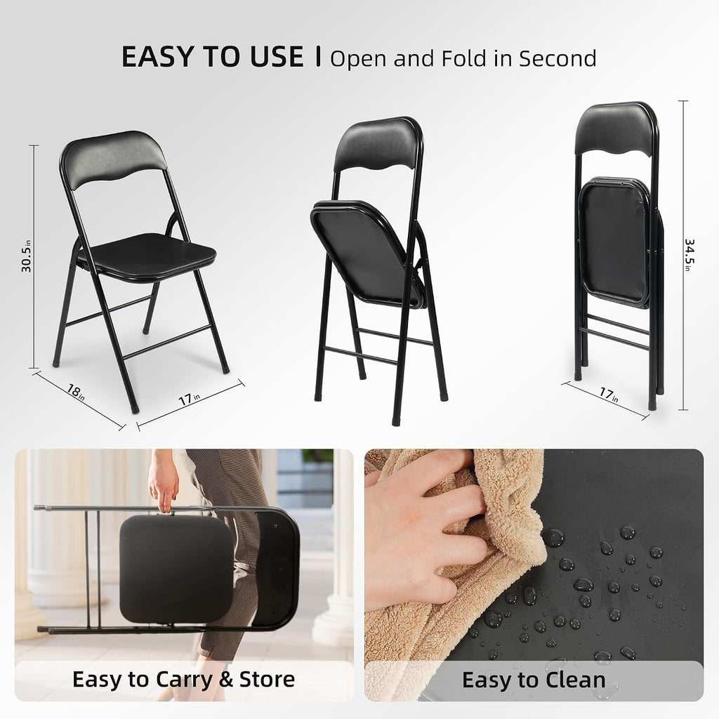 Elevon Folding Chairs 6 Pack, Padded Vinyl Cushion Chairs with Sturdy Metal Frame for for Home and Office, for Indoor and Outdoor Events, 300lb Capacity, Black