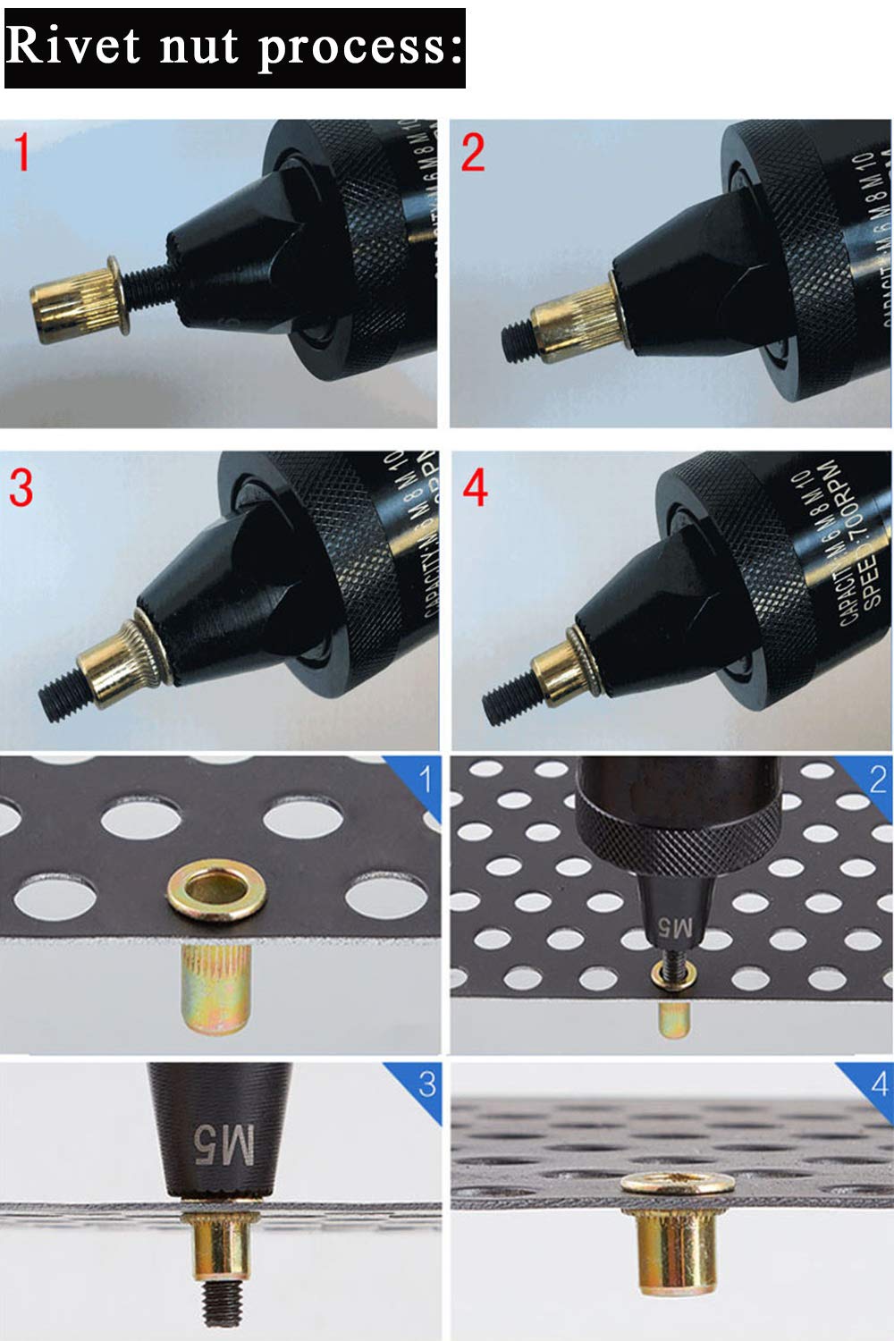NEWTRY Air Rivet Nut Gun Pneumatic Riveter Riveting Tool Kit with Self-locking Head for 5/16,25/64 Nut (6108 gun with M8,M10 head)