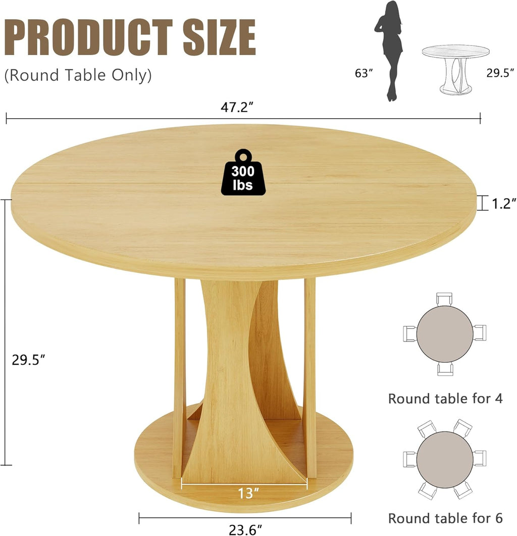 Einhomn Round Dining Table for 4-6, Kitchen Table with Sturdy Double Arc & Rounded Base & Backboard Clasp Desktop, Mid-Century Modern Circle Dinner Table for Dining Living Room, Space Saving, Natrual