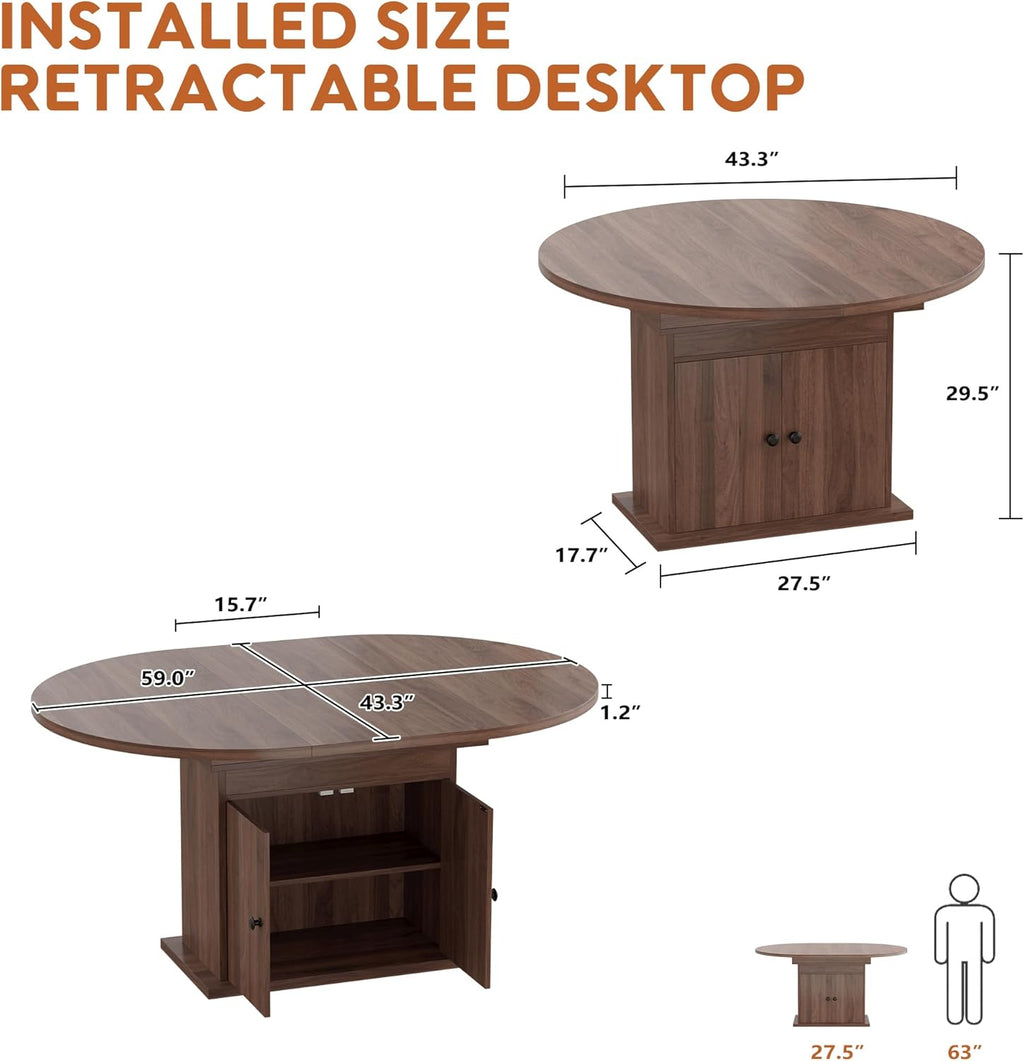 43.3in-59in Extendable Round Dining Table for 4-8, Modern Expandable Kitchen Oval Dining Table, Space Saving Circle Dining Room Table with Storage Shelf for Kitchen Living Room
