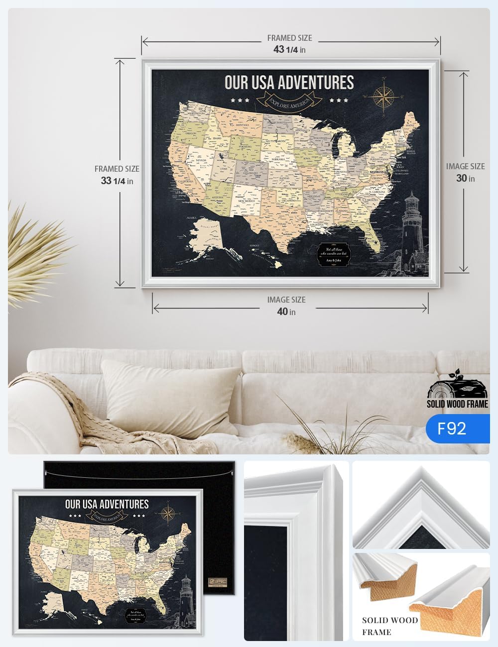 IPIC - Oversized Personalized Push Pin Travel Map USA, Custom Names, Pin Board Canvas, Navy Gold US Decor, Optional Wood Frame, Giclee Print, Handcrafted in USA, 40x30