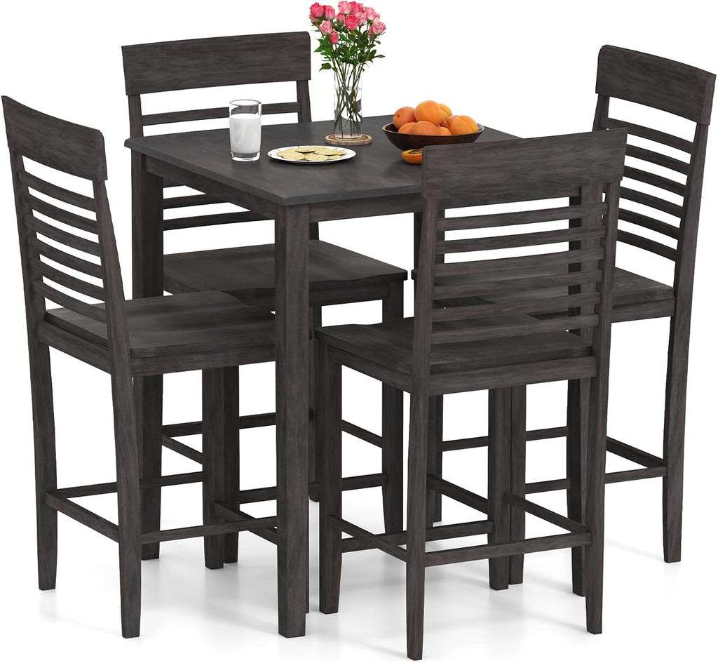 Giantex 5-Piece Dining Table Set for 4, Counter-Height Square Kitchen Table and Chairs Set with Rubber Wood Frame, Curved Back, Footrest, Bar Table Set for Small Place Dinette Breakfast Nook