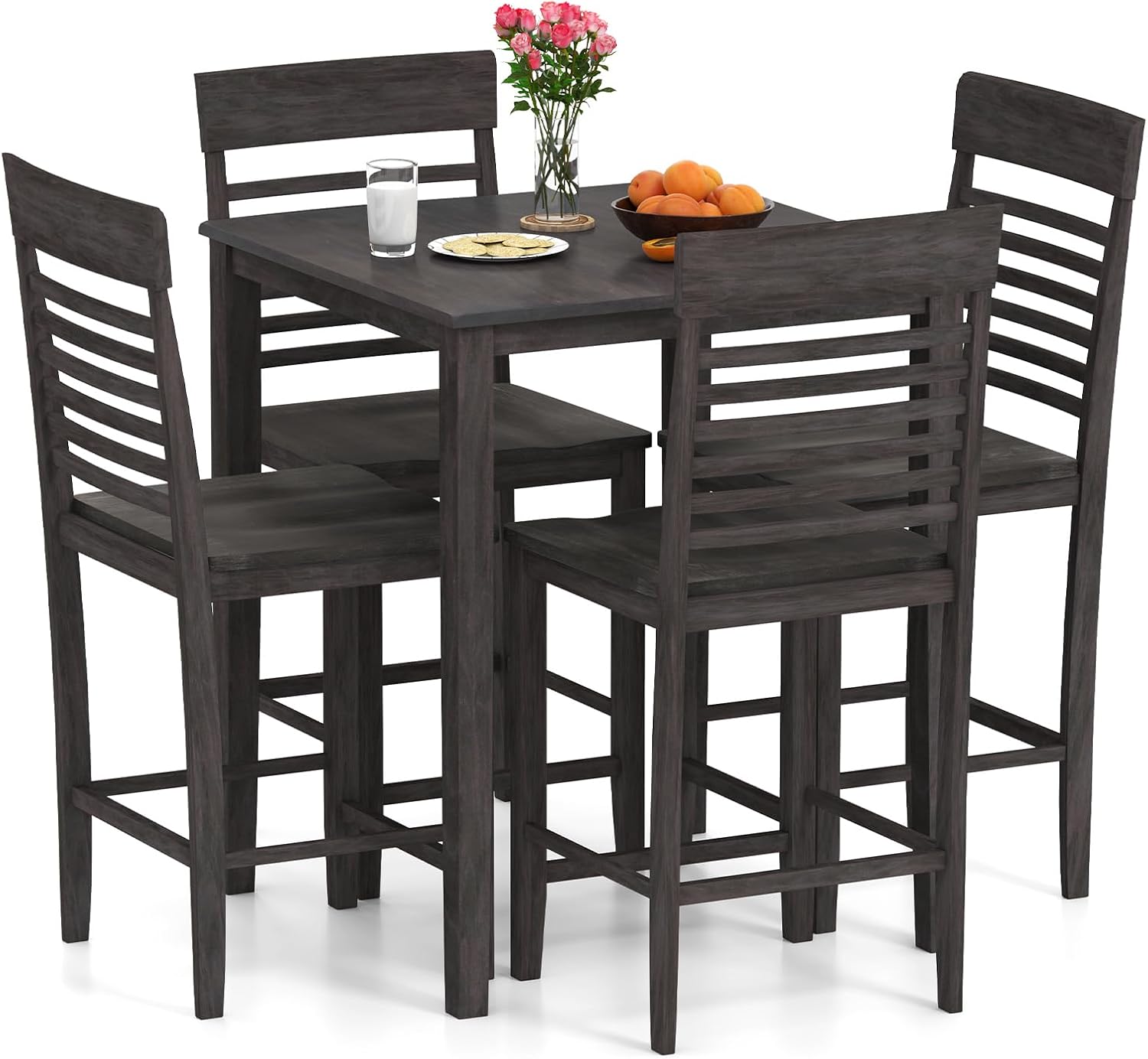 Giantex 5-Piece Dining Table Set for 4, Counter-Height Square Kitchen Table and Chairs Set with Rubber Wood Frame, Curved Back, Footrest, Bar Table Set for Small Place Dinette Breakfast Nook