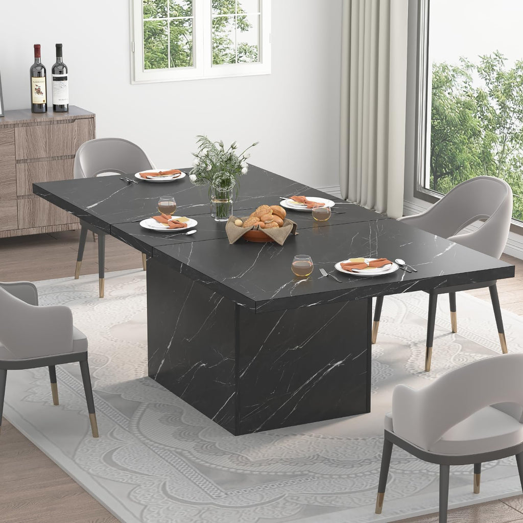 HSH 55 inch Dining Room Table for 4, Modern Black Faux Marble Dining Table, Rectangle Kitchen Table with Heavy Duty Pedestal, Industrial Wood Dinner Desk for Home Living Room, Black Marble, 55 Inch