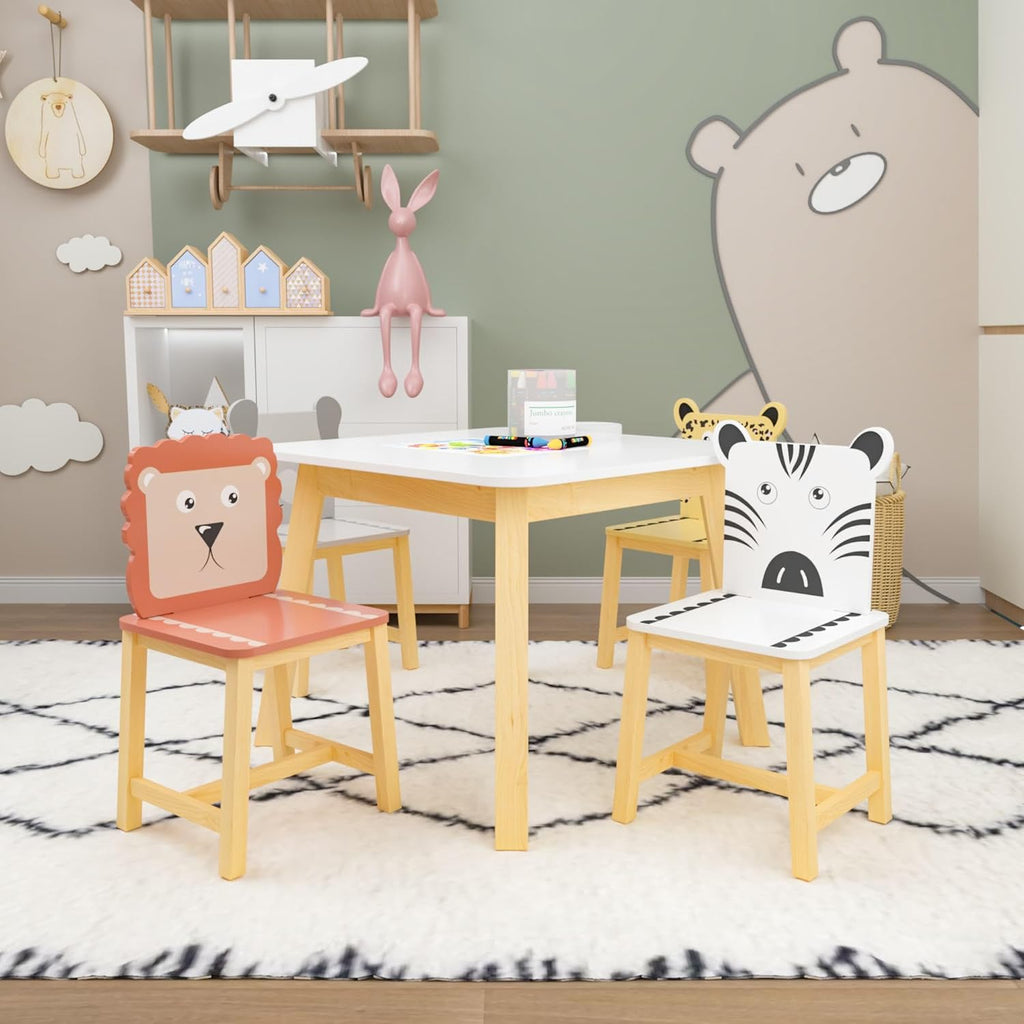 GDFStudio Toddler Table and Chair Set, 5-Piece Kids Dinner Table and Chairs for Ages 3-8, Cartoon Animals Solid Wood Play Table for Drawing, Study, Dining Room, Nursery and Kindergarten, White