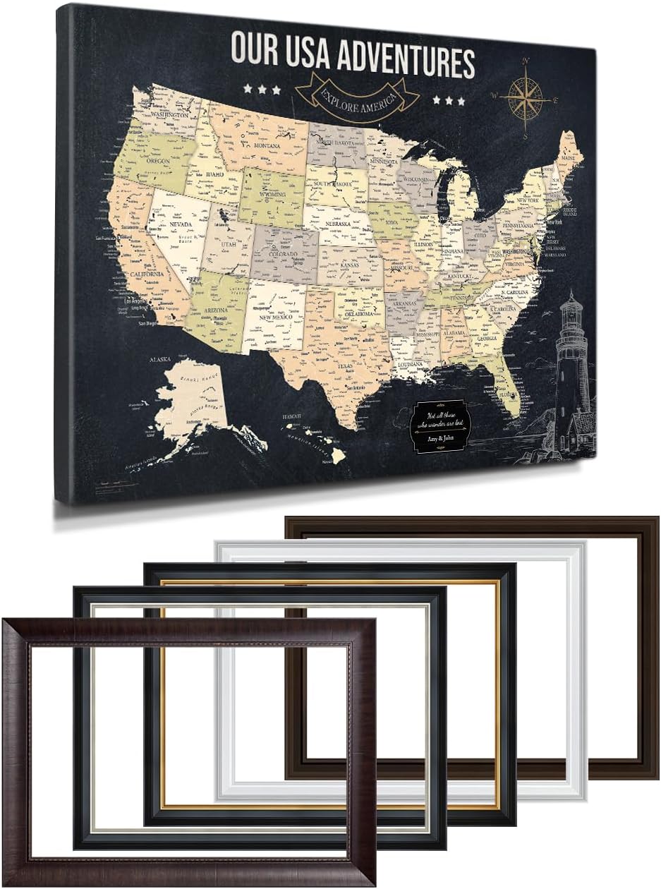 IPIC - Oversized Personalized Push Pin Travel Map USA, Custom Names, Pin Board Canvas, Navy Gold US Decor, Optional Wood Frame, Giclee Print, Handcrafted in USA, 40x30