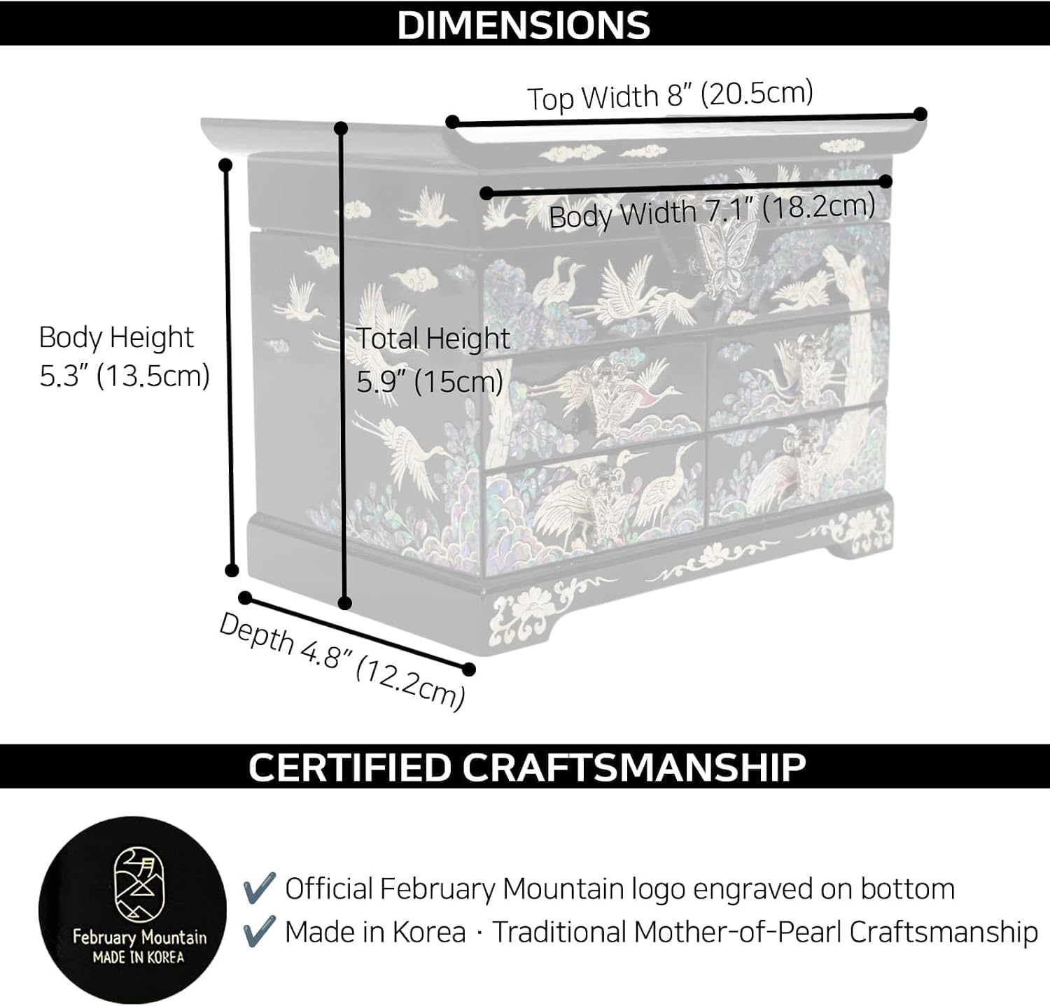 February Mountain Mother of Pearl Wooden Jewelry Organizer Box – Jewelry Storage Box for Women, Features Spacious Drawers, Ideal for Rings, Bracelets, Watches, Chains, Accessories (Colorful Crane)