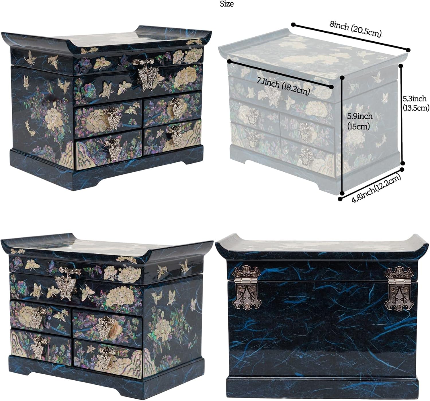 February Mountain Mother of Pearl Wooden Jewelry Organizer Box – Jewelry Storage Box for Women, Features Spacious Drawers, Ideal for Rings, Bracelets, Watches, Chains, Accessories (Peony_Blue)