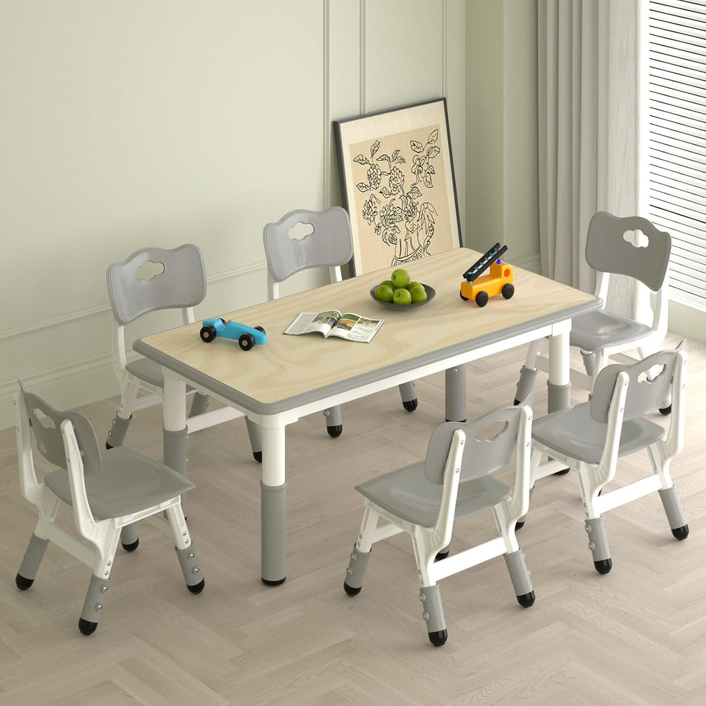 LulliSpace Kids Study Table and 6 Chairs Set,Height Adjustable Table and Chairs for Children and Toddlers,47.2'X23.6'Graffiti Desktop,Suitable for Daycare,Classrooms, Home