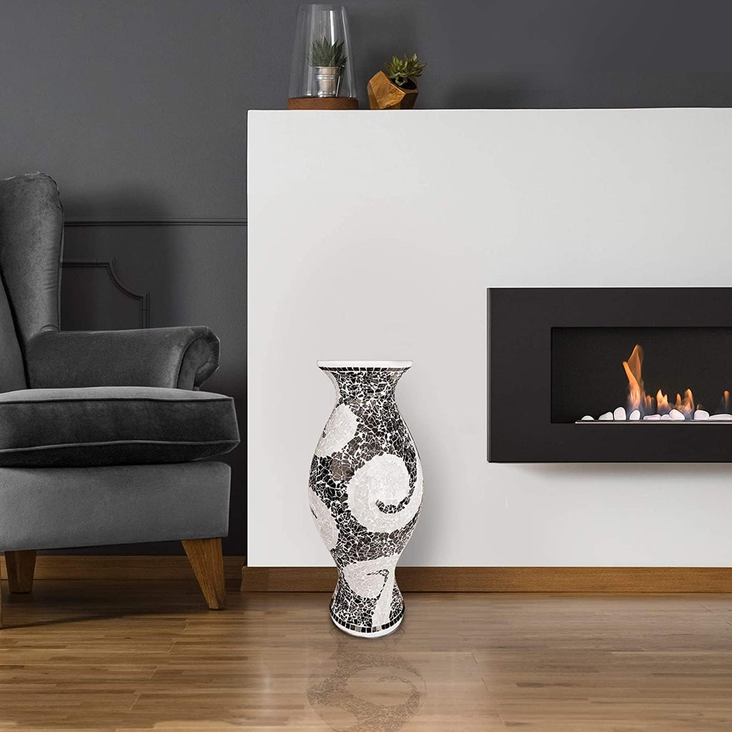 Floor Vase, 18 Inch Mosaic Vase – Tall Cylinder Made of Terracotta with Black and White Glass Mosaic Pieces – Handcrafted Decorative Home Décor Accent Piece for Bedroom, Living Room, Office