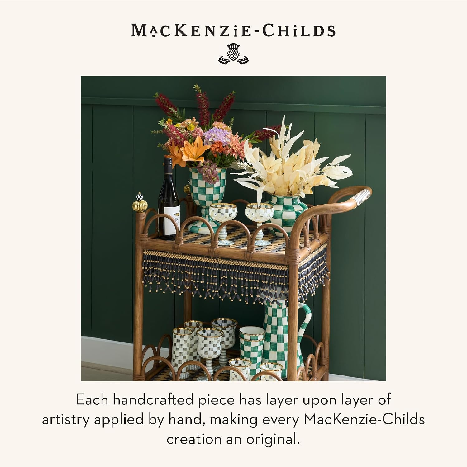 MACKENZIE-CHILDS Pedestal Vase, Decorative Centerpiece and Flower Holder, Green-and-White Emerald Check