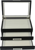 TIMELYBUYS Black Ebony Wood Cufflink Case & Ring Storage Organizer with Stainless Steel Engravable Design Accent Men's Jewelry Box for 108 Cufflinks