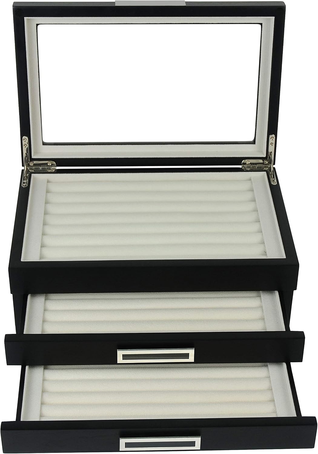 TIMELYBUYS Black Ebony Wood Cufflink Case & Ring Storage Organizer with Stainless Steel Engravable Design Accent Men's Jewelry Box for 108 Cufflinks
