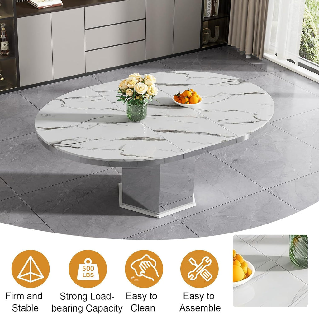 47'-63' Round Extendable Dining Table for 4-6, Modern Expandable Kitchen Table with White Faux Marble Top & Silver Mirrored Hexagon Base, Luxury Faux Marble Dining Room Table for Family Gathering