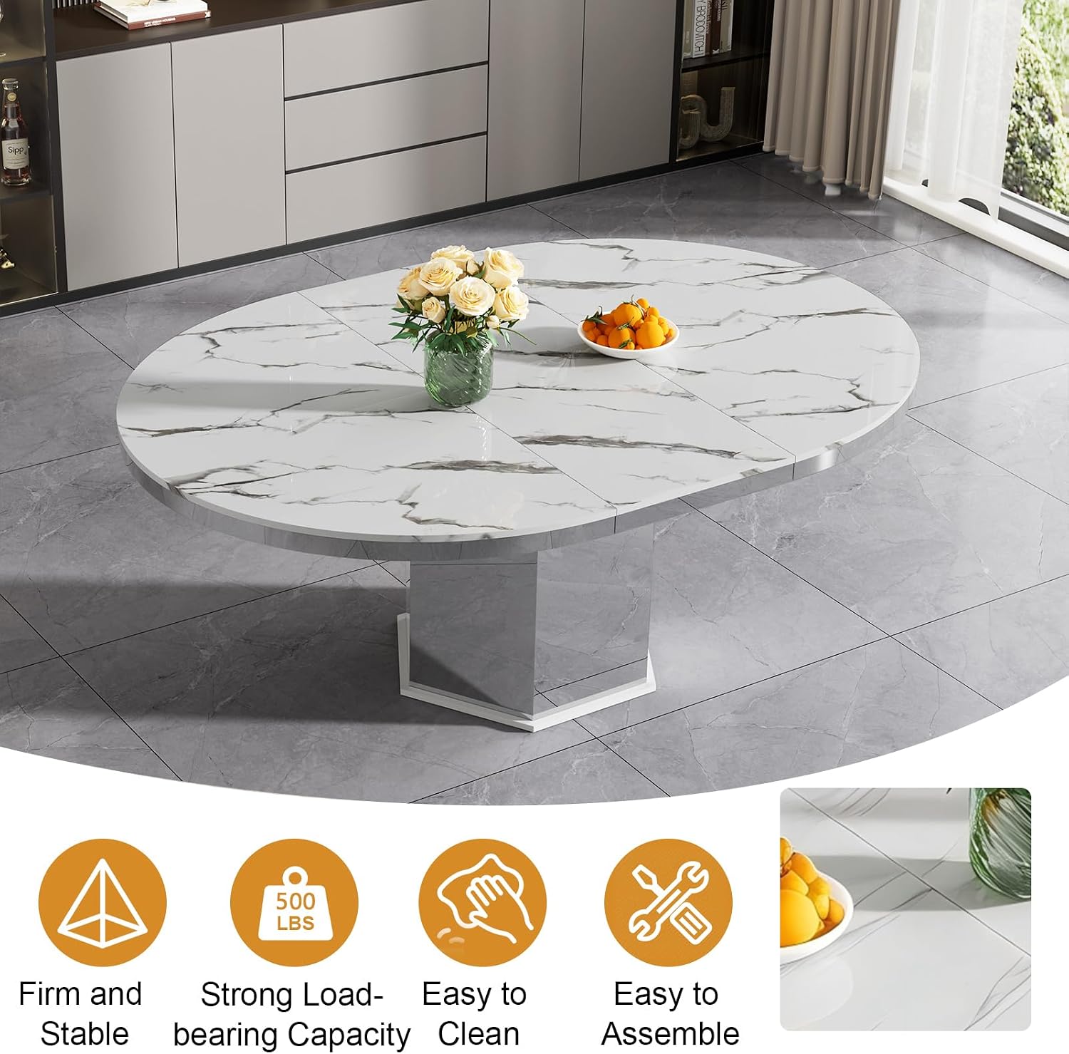 47'-63' Round Extendable Dining Table for 4-6, Modern Expandable Kitchen Table with White Faux Marble Top & Silver Mirrored Hexagon Base, Luxury Faux Marble Dining Room Table for Family Gathering