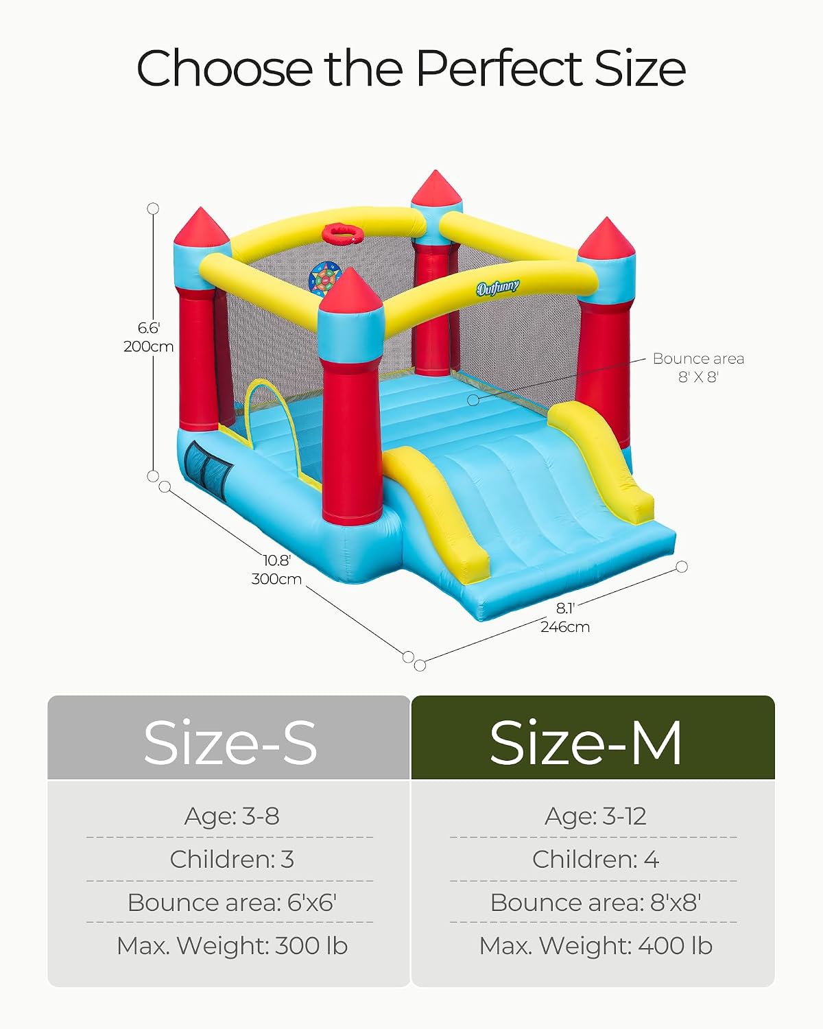 Outfunny Bounce House with Slide, Inflatable Bouncy House for Kids 3-12, Outdoor&Indoor, Bounce Area 8'x8', Capacity 400 lb - Blue