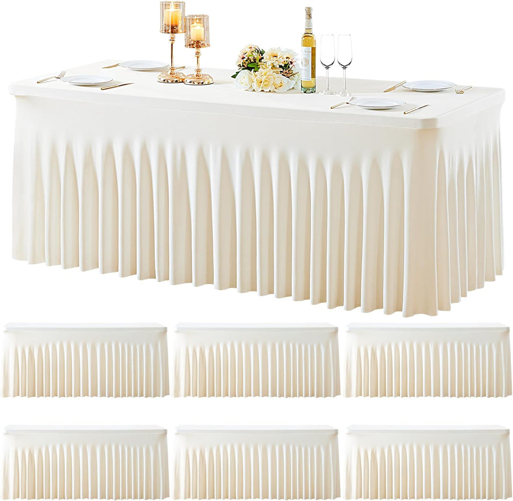 Besutolife 6 Pack Ivory Spandex Tablecloth for 8ft Rectangle Tables Fitted Table Cloth Stretch Table Covers Skirt 8ft Rectangular Tablecloths for Banquet Parties Wedding Decorations