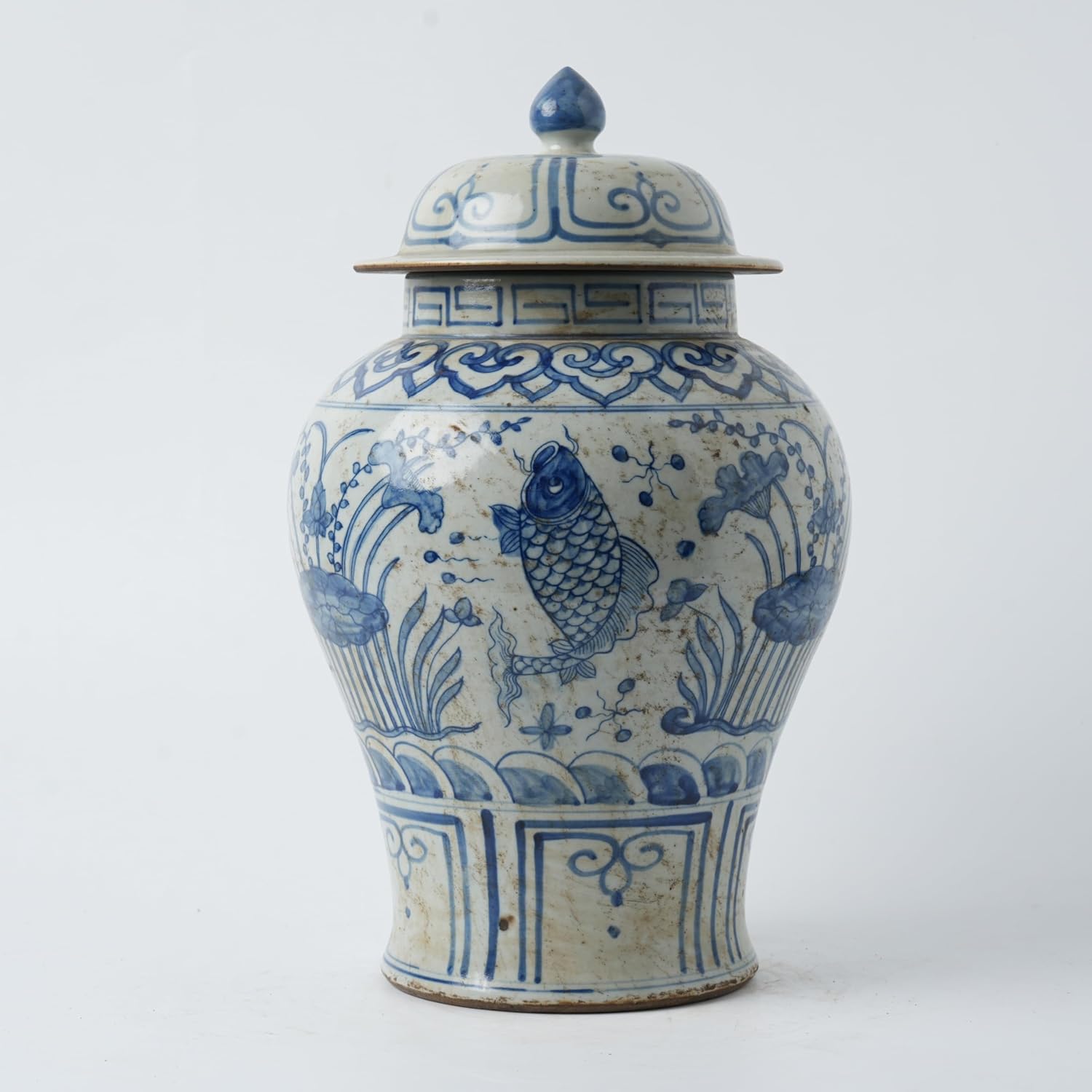 Handmade 41' Ceramic Ginger Jar w/Lid - Classic Chinese Style Porcelain Jar Tea Storage for Home Decor DecorativeTemple Jar Centerpiece Vintage Accent Antique Vase (Blue And White)