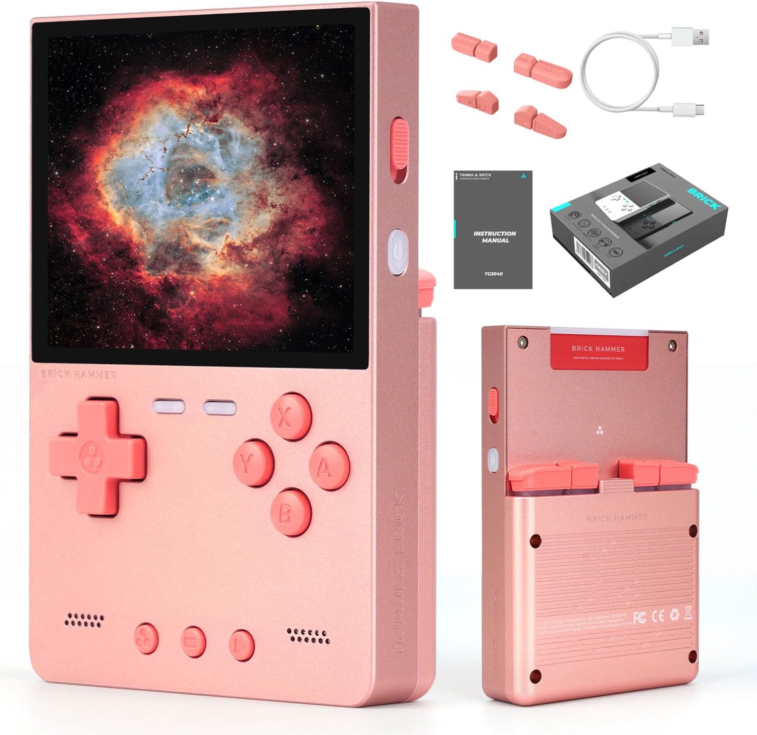 Trimui Brick Hammer Handheld Game Console with 3.2 inch IPS Screen and 3000mAh Battery, Retro Video Games Console with Pre-Installed 64GB TF Card and WiFi Function (Rose Gold)