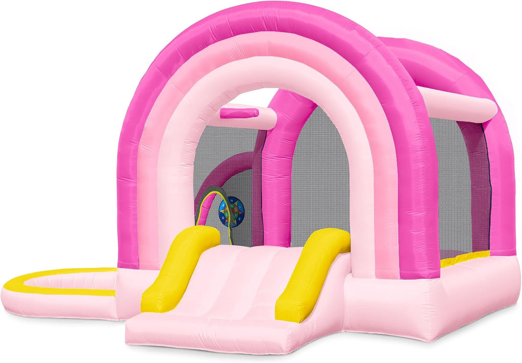 Outfunny Bounce House with Slide, Inflatable Bouncy House for Kids 3-12 w/Ball Pit, Outdoor & Indoor, Bounce Area 8'x8', Capacity 400 lb - Pink
