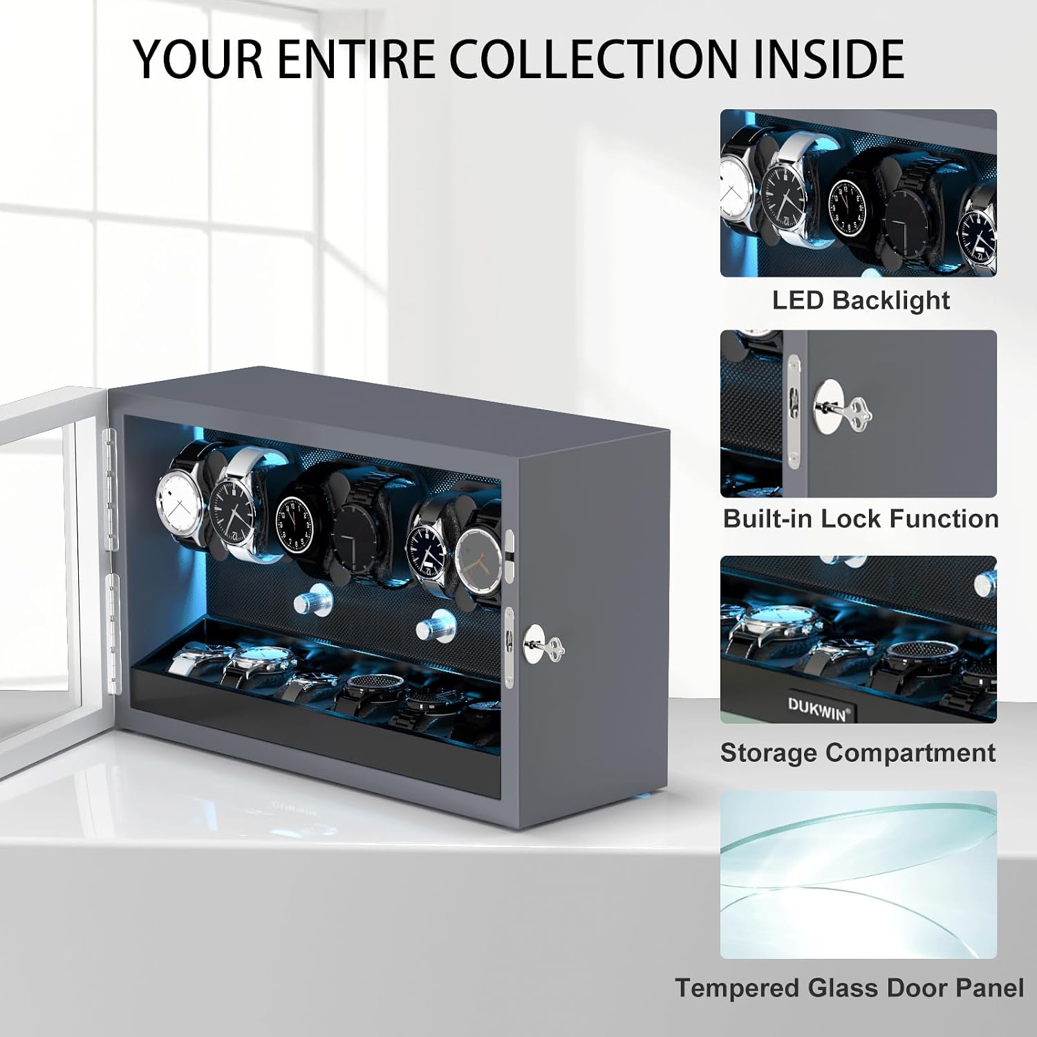 XTELARY Lockable Automatic Watch Winder - 4/6/8/12 Watch Storage, 4 Rotation Modes, Quiet Motor, Backlight