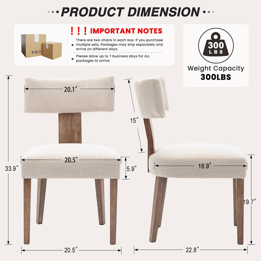 HNY Mid Century Modern Dining Chairs, Linen Fabric Upholstered and Curved Backrest Kitchen Chairs Set of 2, with Hardwood Frame, Beige