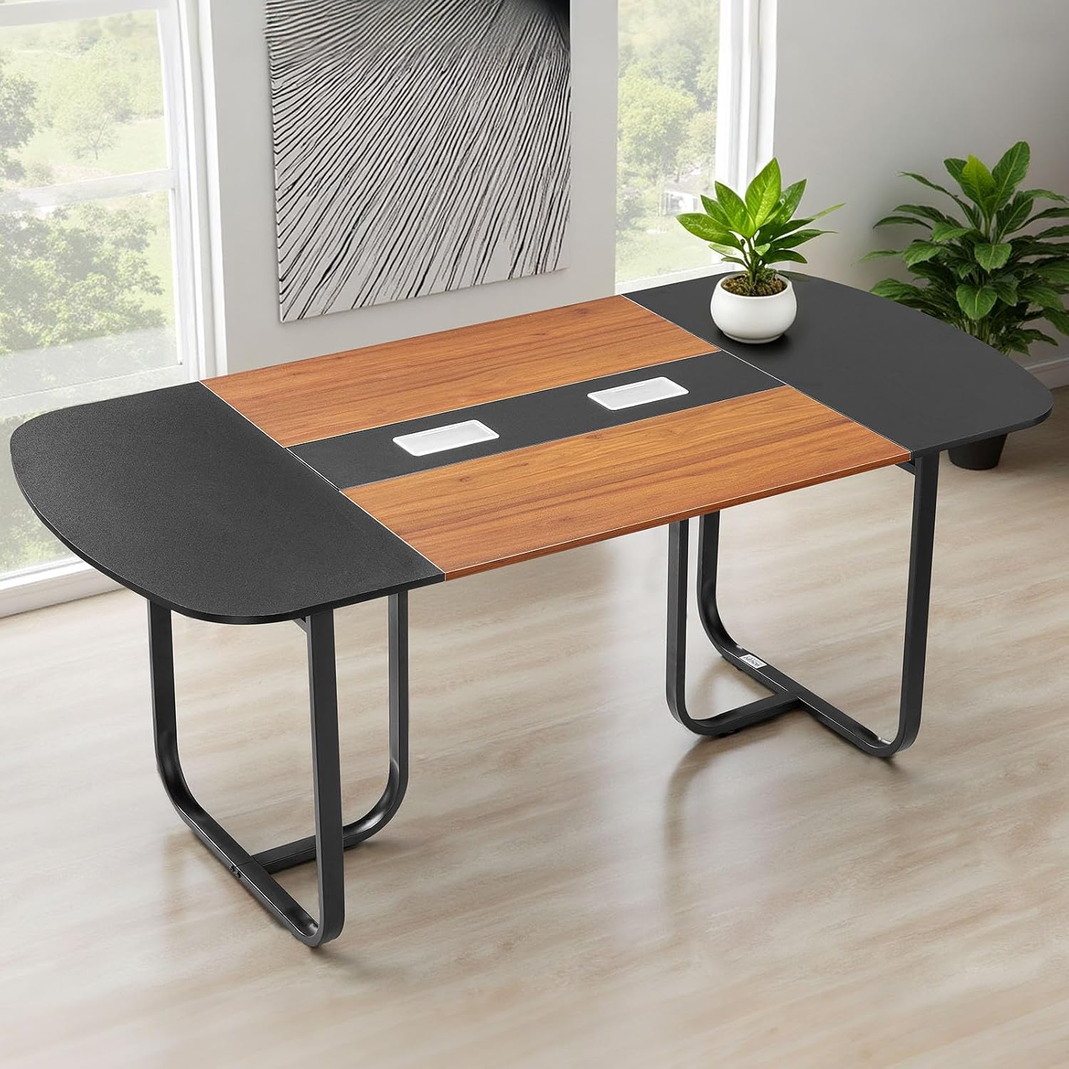 VEVOR Conference Table, 6 ft Oval Office Meeting Table for 6-8 Person, Modern Seminar Desk with Metal Legs, Large Meeting Desk for Office, Boardroom, Conference Room, Easy Assembly, Black & Brown