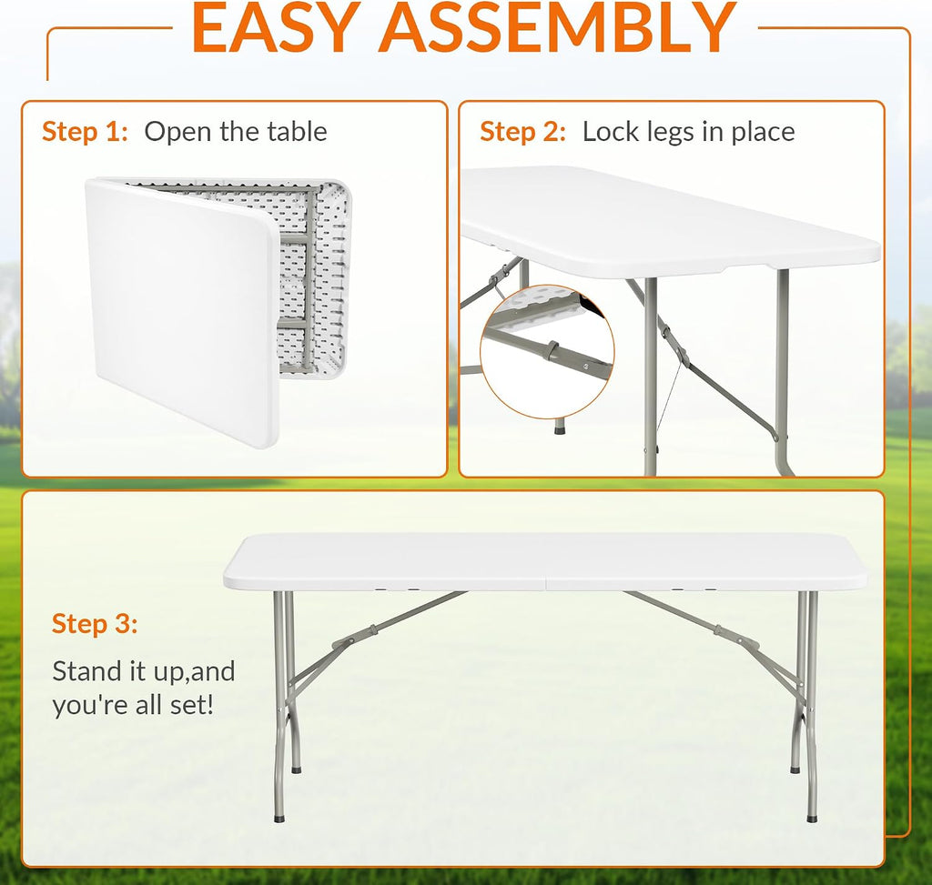 Elevon Folding Table Set with 6 White Folding Chairs,6 Feet Heavy Duty Fold-in-Half Utility Table Sets for Picnic, Event, Training, Outdoor Activities, at Home and Commercial Use