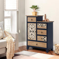 Ahokua Farmhouse Accent Chest with Carved Door and 5-Drawers, Vintage Storage Cabinet Modern Dresser for Living Room, Entryway, Hallway, Multi-Drawer Organizer, Natural and Deep Blue