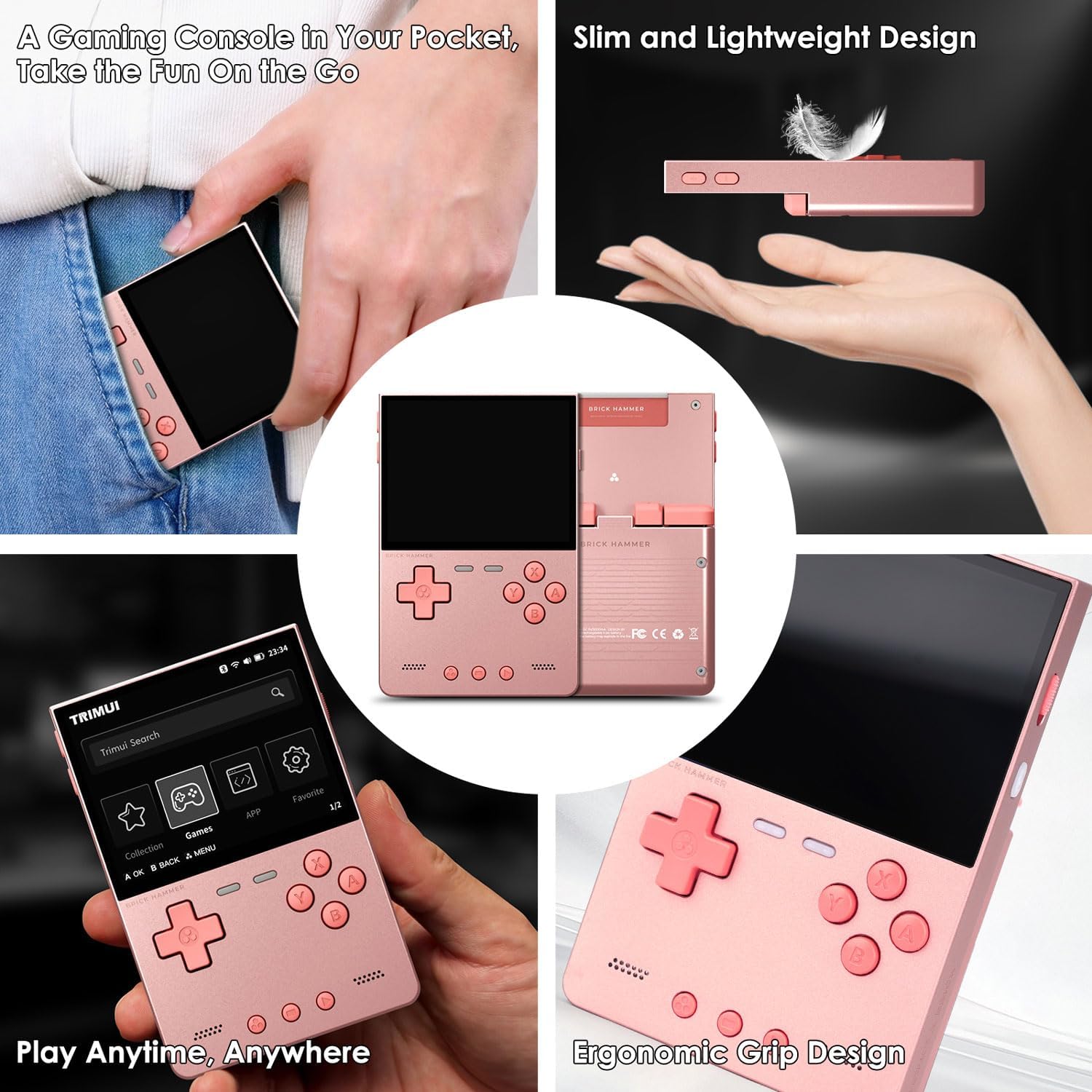 Trimui Brick Hammer Handheld Game Console with 3.2 inch IPS Screen and 3000mAh Battery, Retro Video Games Console with Pre-Installed 64GB TF Card and WiFi Function (Rose Gold)