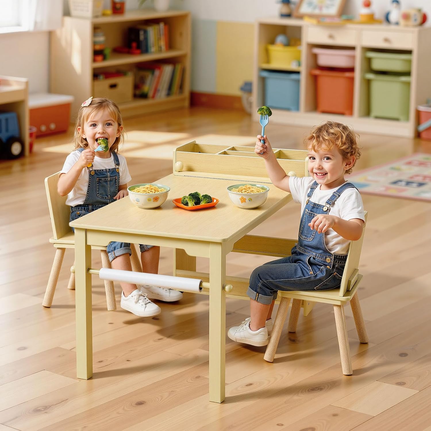 VEVOR Kids Art Table and Chair Set, Toddler Activity Table with Storage, Wood Kids Craft Desk with Paper Roll for Drawing, Reading, Writing, Kid Play Table for Nursery, Playroom, Classroom, Natural
