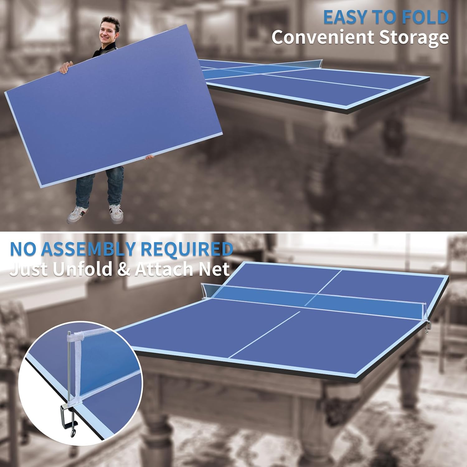 Foldable Ping Pong Table Top for Billiard Table, 6FT/7FT/8FT/9FT Table Tennis Table Topper for Pool Table, Indoor Outdoor Portable Table Tennis Conversion Top w/Net & Foam Padding