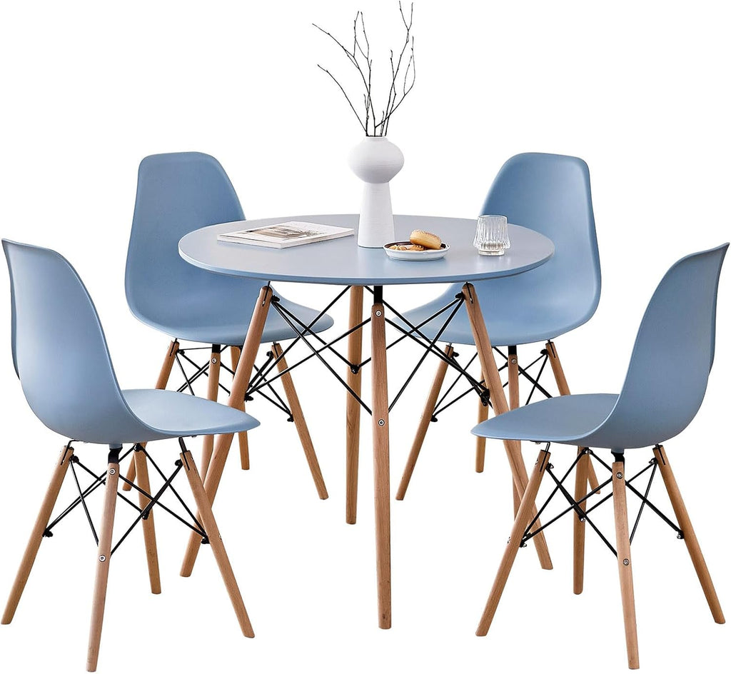 5-Piece Round Dining Table Set, Small 31.5' Kitchen Table Chairs Set of 4 Space Saving Furniture, Plastic Seats, Solid Wood Legs, for Living Room Apartment Office Home, Blue