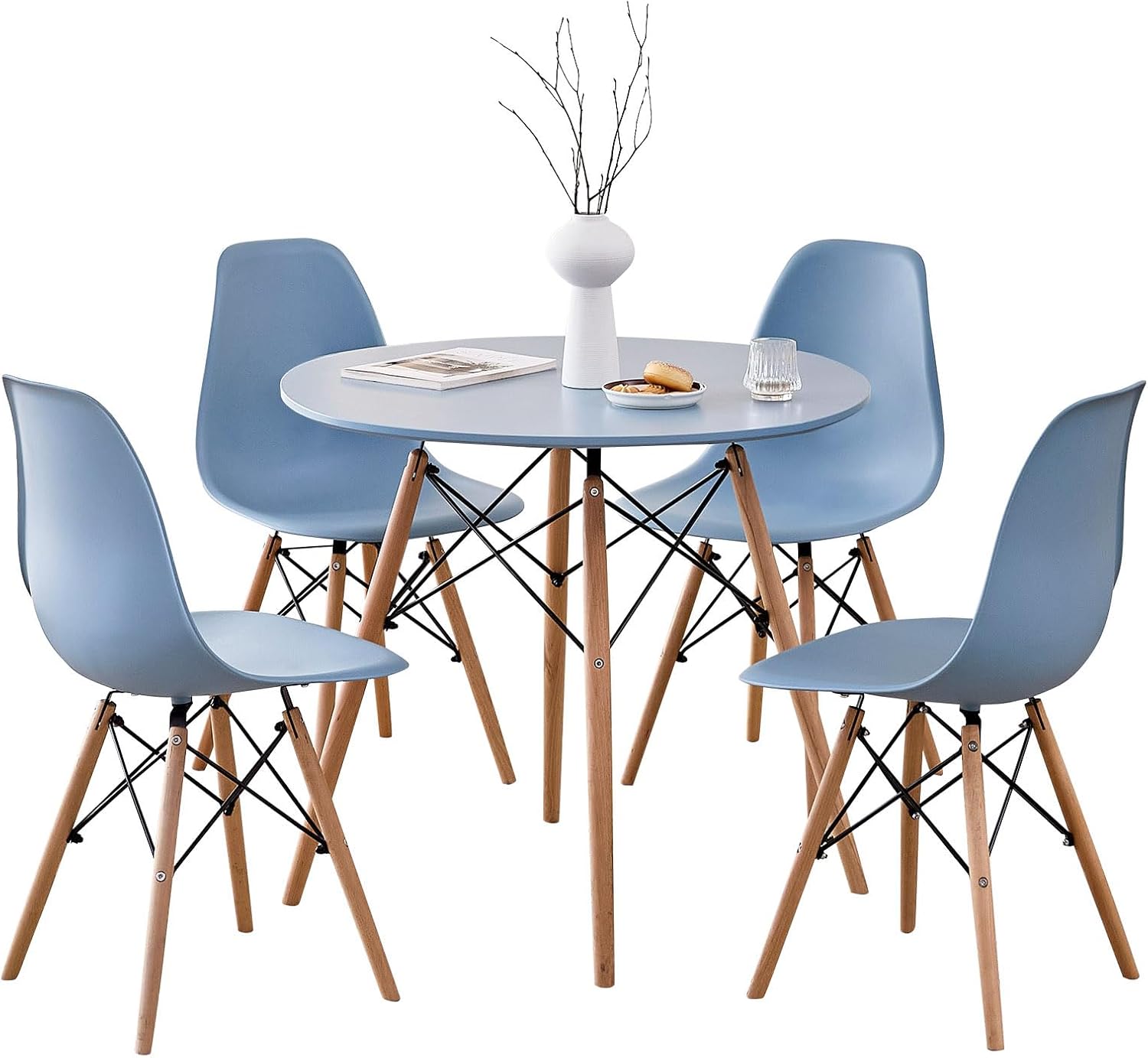 5-Piece Round Dining Table Set, Small 31.5' Kitchen Table Chairs Set of 4 Space Saving Furniture, Plastic Seats, Solid Wood Legs, for Living Room Apartment Office Home, Blue