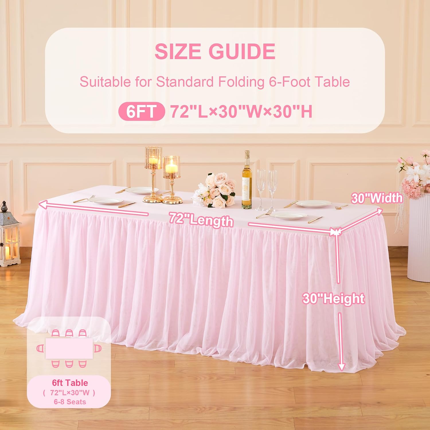 Wish Care 6 Pack Pink Tulle Tablecloth for 6 Foot Rectangle Tables Ruffle Stretch Fitted Table Cloths Wrinkle Free Table Cover with Tutu Skirt for Party Wedding Girls Birthday Baby Bridal Shower Cake