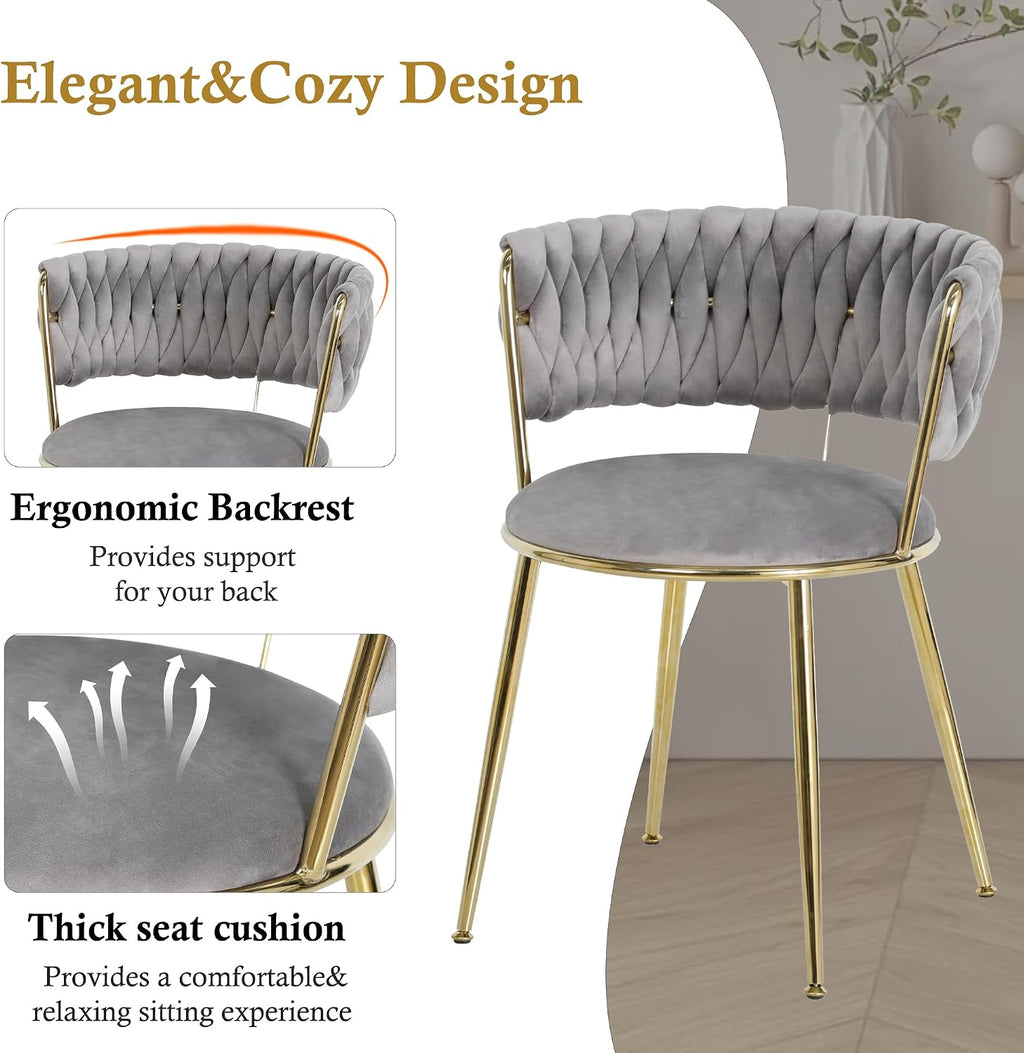Round Glass Dining Table Set for 4, 36'' Small Circle Glass Kitchen Table with 4 Luxury Grey Gold Velvet Dining Chairs, 5-Piece Dining Room Table Set for Small Place(Gold Base)