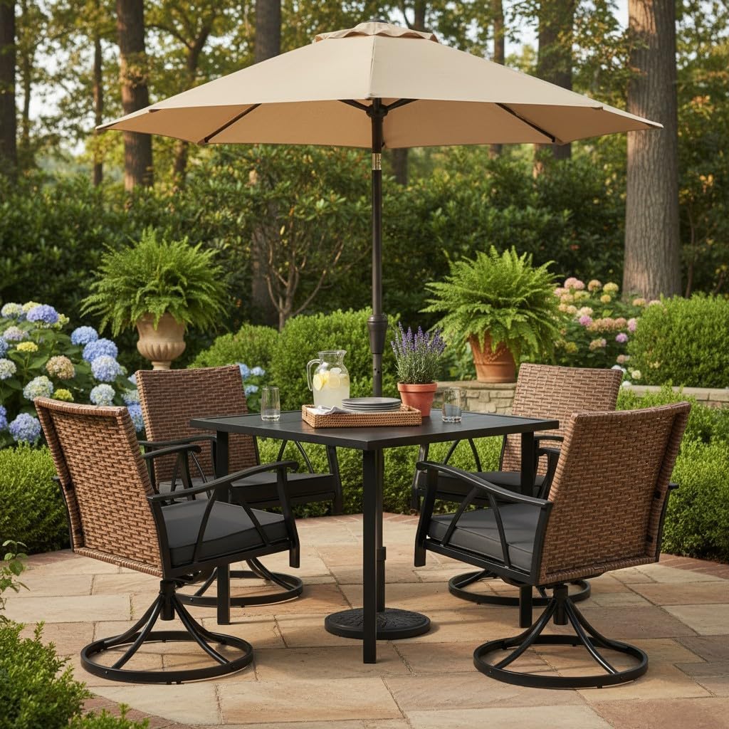 5-Piece Patio Dining Set for 4，Outdoor Dining Set with Wicker Swivel Patio Dining Chairs with Cushions & 1 Black Square Woodgrain Dining Table with 1.75'Market Umbrella Hole, Black & Brown