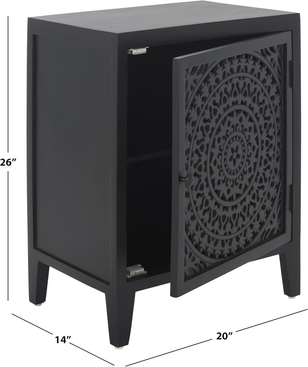SAFAVIEH Furniture - Thea 1-Door Carved Nightstand - Black - Mango Wood - Artisan Global Design - Ideal for Bedroom, 20' W x 14' D x 26' H - Fully Assembled (NST5300D)