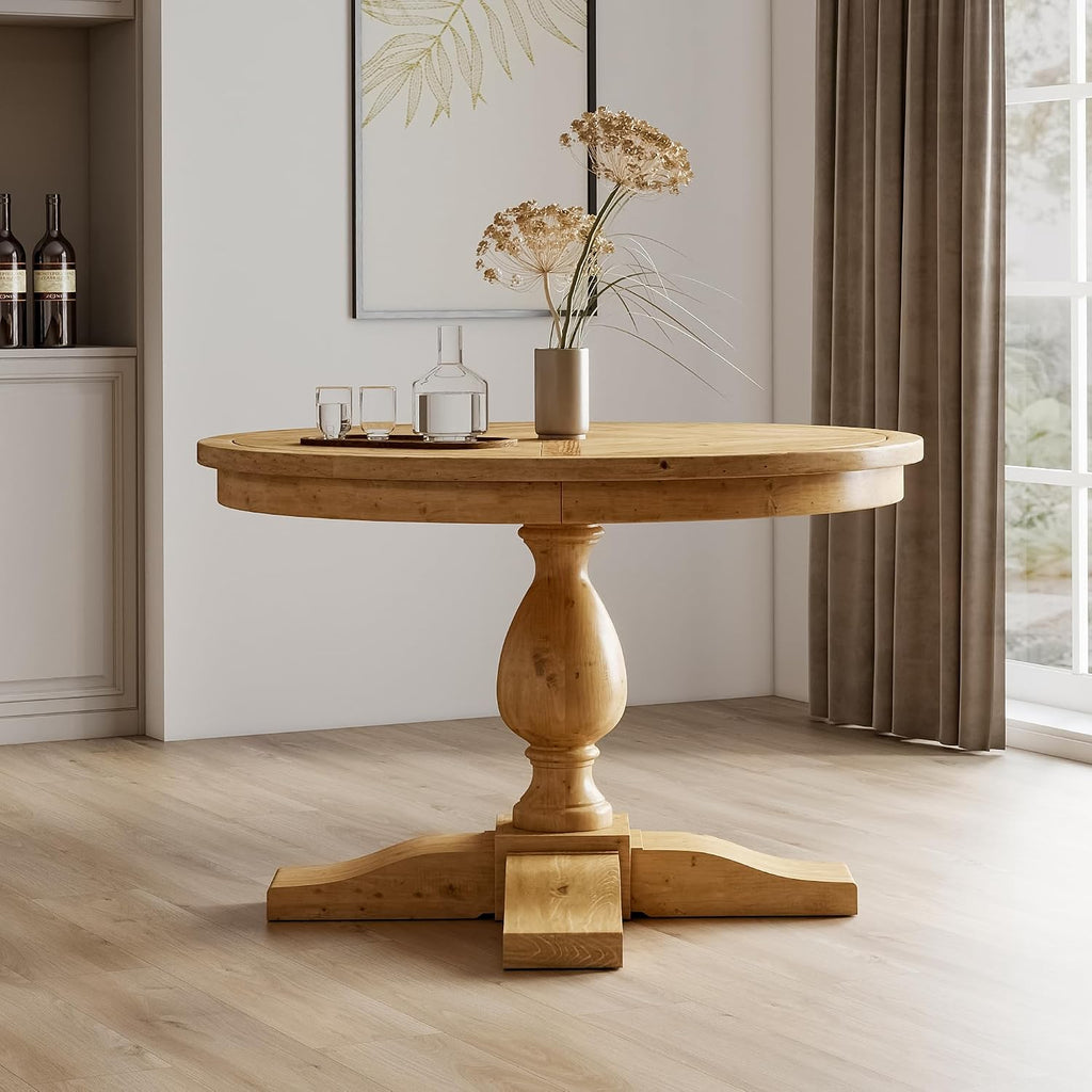 47' Round Dining Table with Wooden Pedestal Base, Antique Pine Wood Dinner Table for 4, Heavy Duty Pedestal Table for Kitchen/Dining Room/Living Room/Restaurant, Weathered Brown