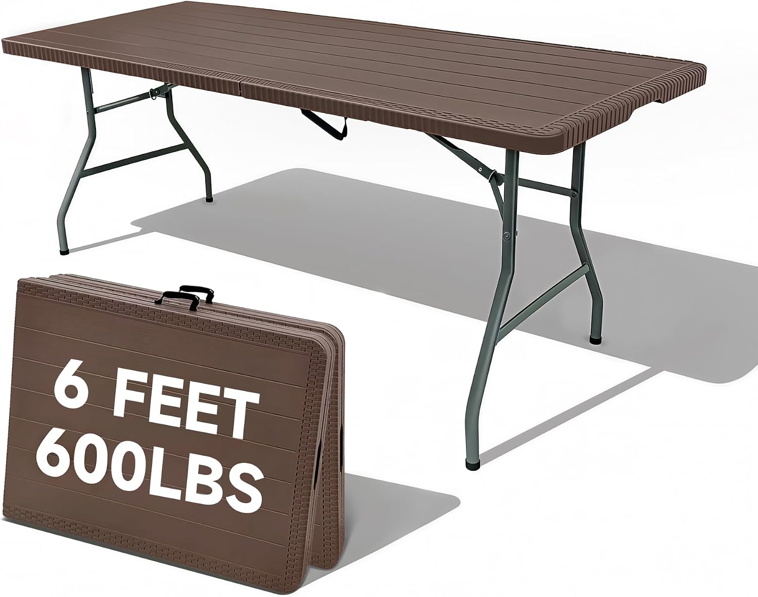 Folding Table 6 Foot, Heavy Duty 600LBS Capacity, HDPE Wood Grain Pattern, Sturdy Design with Safety Lock, Portable Tables Folding for Camping, Party, Indoor & Outdoor Use, 2 Pack